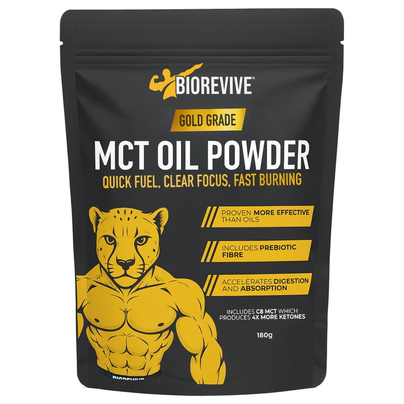 مسحوق زيت MCT C8 من Biorevive - مكمل بروبيوتيك كيتوني مع جوز الهند والألياف الأكاسيا المستدامة لصحة الأمعاء والتركيز والطاقة - تركيبة حمض الكابريليك النقي C8، 180 جرام